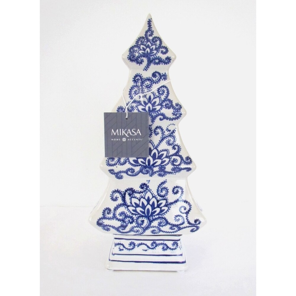 MIKASA Ceramic Chinoiserie Christmas Tree Blue White Vine Scroll NEW